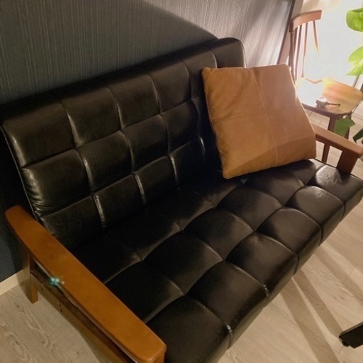 【ReCENO】2人掛け ソファー ヴィンテージ ブラック レザー 合成