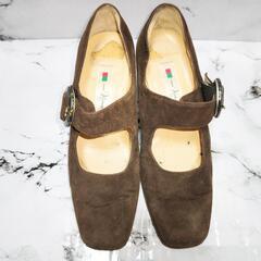 銀座かねまつ パンプス 靴 スエード 茶 バックルの画像