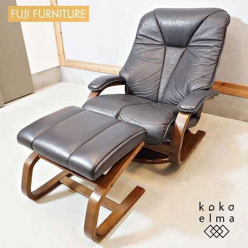 FUJI FURNITURE(冨士ファニチア) の回転式 本革リクライニングソファ＆オットマン。ゆったりと寛げるレトロな北欧スタイルのイージーチェアーはシアタールームなどにも♪DL322