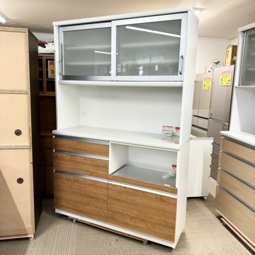 【超美品‼️】日本製♪ ユーアイ 135cm幅キッチンボード 食器棚 収納家具 木目調ブラウン♪