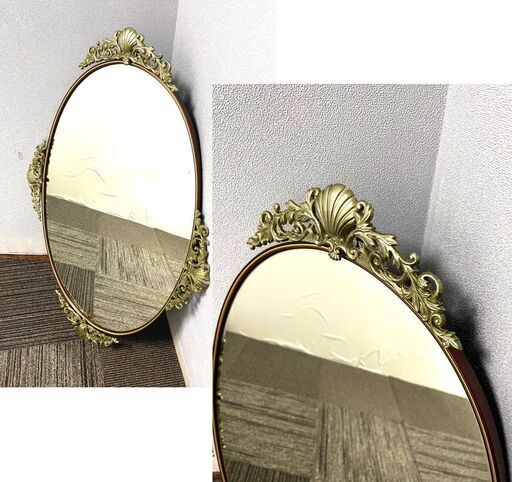 ②大型　バロック 様式 ヴィンテージ ウォール ミラー クラシック 真鍮　金属フレーム 壁掛103×75㎝　バー、スタジオ、飲食店、商店建築