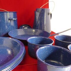 JOYLIFE 簡易ホーロー クックウェアセット　鍋 フライパン コーヒーポット マグカップ 丸皿/１１点セット /アウトドア・未使用・箱なしの画像