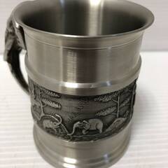 ▼あげます！0円【タイ製品　錫　マグカップ　ビアジョッキー　中古　像柄　高さ9㎝】（NF231020）Zi-1271Wの画像
