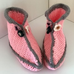 【美品】ルームシューズ　毛糸　室内履き　手編み　ハンドメイド　ピンク　ハイソックス　温かい　フリーサイズの画像
