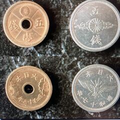 1円黄銅貨 昭和24年  小型50銭黄銅貨　昭和22年  5銭アルミ青銅貨 昭和13年  5銭アルミ貨 昭和17年  穴アキ5銭錫貨 昭和19年  鳩5銭錫貨 昭和20年の画像