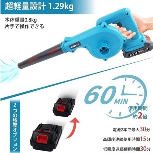 ブロワー 充電式 セット21V 2000mAh バッテリー2個付コードレスブロワー 電動工具 充電式 コードレス 集じん機能付き 集塵