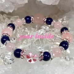 ラピスラズリ ピンク彫り サクラ柄水晶 天然石ブレスレット