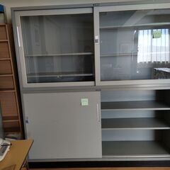 ガラス引戸キャビネット＋スチール引戸キャビネット 書庫上下セット