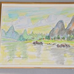 真作（Y・HOSOTANI）細谷幸夫/滞船柱画　アジア　田舎　舟...