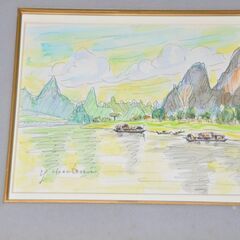 真作（Y・HOSOTANI）細谷幸夫/滞船柱画　アジア　田舎　舟　川　山　（水彩画）の画像