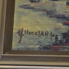 真作（Y・HOSOTANI）細谷幸夫/入舟墓色　アジアの港　帆船　夕焼け　（油絵）の画像