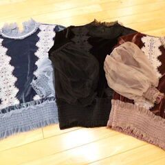 ★美品♪M★袖チュール付きベルベット・カットソー★３枚組