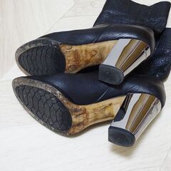 JIMMY CHOO ジミーチュウ　レザーブーツ　太ヒール　シルバーヒール　ミドルブーツ　黒　ブラック　37 23.5cm 本革ブーツの画像