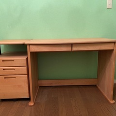 HOTTA WOODY 堀田木工所 天然木国産 学習デスク100cm幅＆昇降式三段ワゴンアールチェスト セット 20,000円の画像