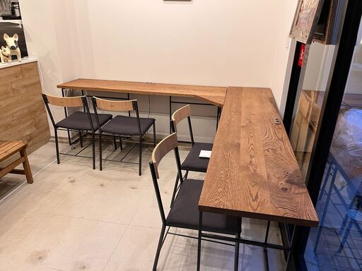 カフェテーブル 天然ウォールナット L字型テーブル+椅子５脚（2200×2250mm ）