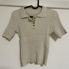 ベージュ リブ サマーニット ポロシャツ 5部袖 細見え 韓国ファッションの画像