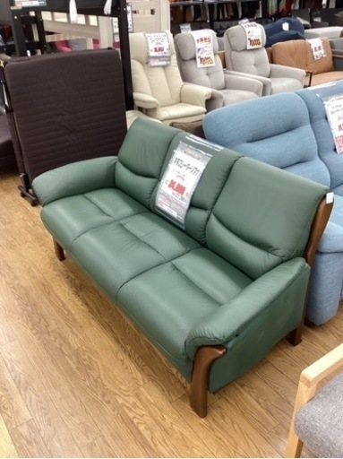 KA-15【新入荷　リサイクル品】本革3シーターソファ　グリーン
