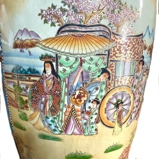【中国美術 薩摩焼】花瓶 特大 136cm 金彩色絵 古美術品 飾壺 大壷 金襴手金彩 豪華絢爛 美人図 花鳥図 扇図 インテリア オ