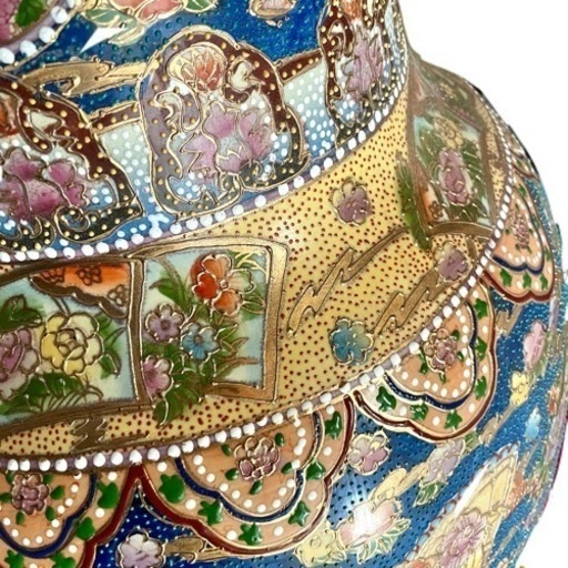 【中国美術 薩摩焼】花瓶 特大 136cm 金彩色絵 古美術品 飾壺 大壷 金襴手金彩 豪華絢爛 美人図 花鳥図 扇図 インテリア オ