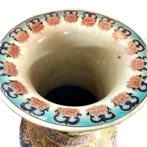 【中国美術 薩摩焼】花瓶 特大 136cm 金彩色絵 古美術品 飾壺 大壷 金襴手金彩 豪華絢爛 美人図 花鳥図 扇図 インテリア オ