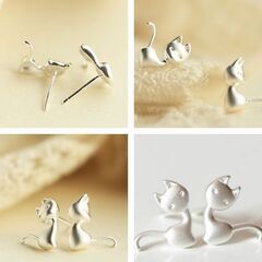 ネコ/メタルシルバースタッドピアス（新品）の画像