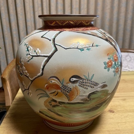 九谷焼き大雅　梅　椿　菊　おしどり　花瓶　壺　飾　入手困難品