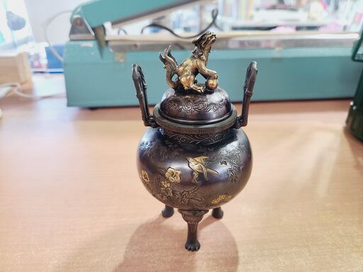 【愛品館 市原店】玉型獅子蓋青銅香炉 大峰作