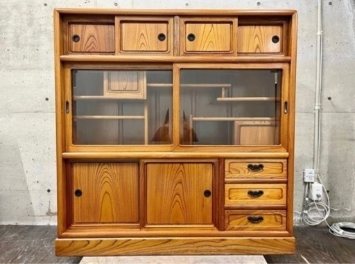 展示品 けやき 欅 総無垢 高級家具 食器棚 茶箪笥 箪笥 タンス 収納棚 書斎棚 書棚 本棚