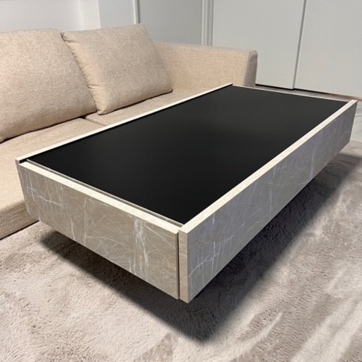 センターテーブル　大理石柄　ガラス　引き出し付き　ほぼ未使用