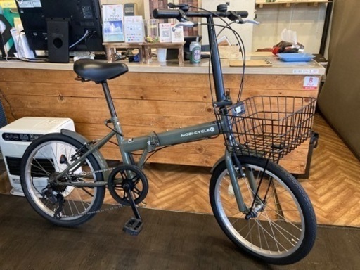 【新春SALE！後輪タイヤ・後輪チューブ新品！】6段変速　カゴ付き20インチ折りたたみ自転車　モスグリーン