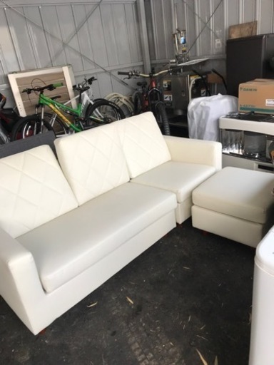 3人掛け カウチソファ オットマン付き ホワイト レザー風