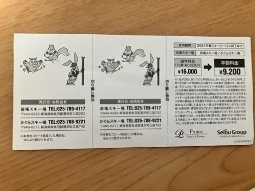 1日リフト券２枚【かぐらスキー場or苗場スキー場】
