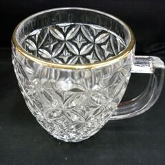 ☆ビアグラス ビールグラス 3点セット 金縁 俵形 口径8cm 取っ手付き カットガラス レトロデザイン 食器 ガラス製 酒器 札幌 北20条店の画像