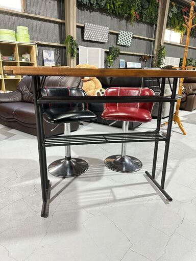 ★バーカウンター＆チェア２脚★カフェテーブル ウッド ダイニングバー 中板収納 バーチェア PUレザー 黒 赤