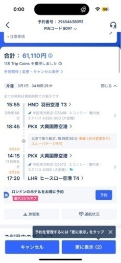 61000円の3月1日イギリス行き飛行機