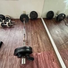 ベンチプレス、EZバー（錆あり）、ダンベル、各種プレートの画像
