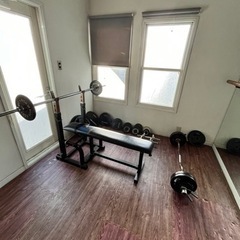 ベンチプレス、EZバー（錆あり）、ダンベル、各種プレート