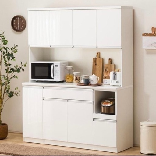 【超美品‼️】定価84,990円♪ ニトリ 150cm幅キッチンボード(レジューム150) 食器棚 収納家具 鏡面仕上げホワイト♪