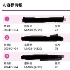 1月24日 peach MH284便 AIR🎫チケット3名で7000円