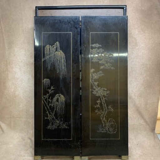 衝立 屏風 豪華絢爛 中国 3面衝立(木製) 玉石彫刻(6面) 「花・鳥 ・魚図」 ２ヶ所キズあり 中古