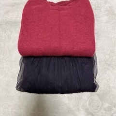 ダブルブレストジャケット　ウールセーターレッド　レースボリュームスカートの画像