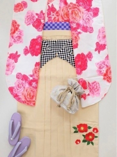 新品未使用二尺袖着物・袴セット　半幅帯・巾着付き