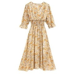 ロングワンピース 花柄　韓国　ウエストギャザー