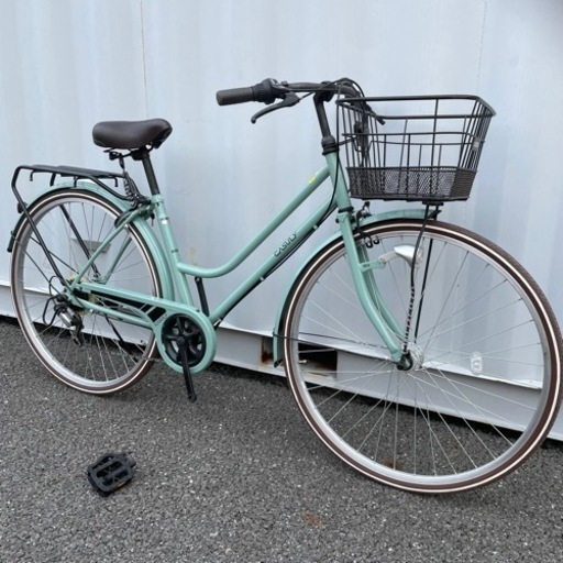 【都内/千葉市引取】ママチャリ 27インチ カゴ/鍵/オートライト/6段変速機付 グリーン
