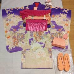 七五三7歳祝着物正絹フルセットアンティーク青紫五つ紋錦紗縮緬子供用袋帯