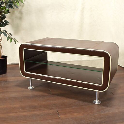 【ヤ取終了3/22】≪zyt1265ジ≫ NXT イトウファニチャー AVボード TV台 レトロ パイピング 合皮 ブラウン ガラス サイドボード 51119-13