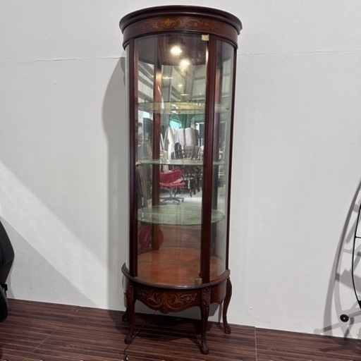 イタリア製　キャビネット　半円型　照明付　象嵌　飾り棚