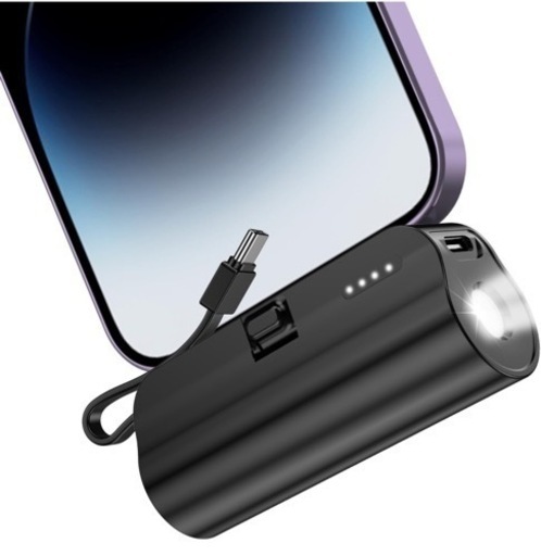 【新品】モバイルバッテリー iPhone モバイルバッテリー 小型 5000mAh 軽量 USB-Cコネクター内蔵 コンパクト 残量LED スマホ充電器 携帯充電器 iPhone 15Pro Max 15 14 13 12iPad/Android など各種対応 出張/旅行/アウトドア/防災/停電対策/緊急用などの必携品 (Black)