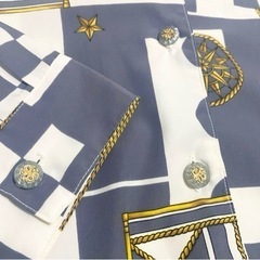 【新品】襟レイヤー×飾りボタン / 総柄シャツ / 幾何学×コンパスチェーン / Fの画像