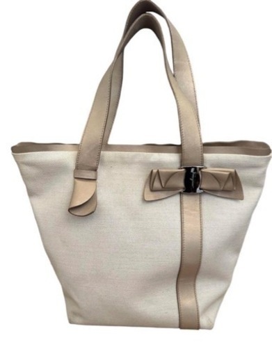 【良品】フェラガモ　ハンドバッグ　ヴァラリボン　レザー　キャンバス　ベージュ